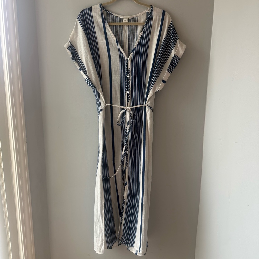 H&M White and Navy Vertical-Stripe Button Midi Dress